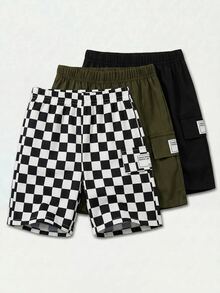 3件組兒童小男孩夏季休閒舒適純色與格紋拼接口袋梭織短褲，白色，寬鬆版型，適合日常上學與度假 - 彩色 - 查看 6