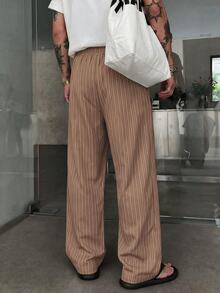 STEELVANCE Men's Striped Drawstring Waist Casual Versatile Daily Wear Wide Leg Pants - Coffee Brown - View 2
