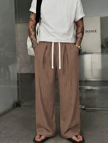 STEELVANCE Men's Striped Drawstring Waist Casual Versatile Daily Wear Wide Leg Pants - Coffee Brown - View 3