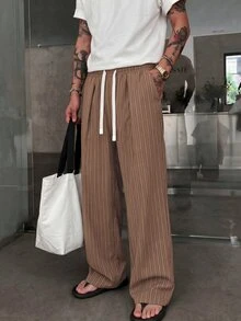 STEELVANCE Men's Striped Drawstring Waist Casual Versatile Daily Wear Wide Leg Pants - Coffee Brown - View 4