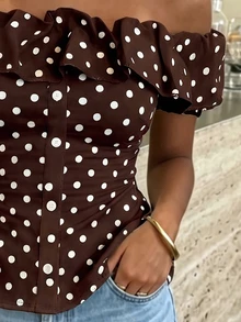 Lucivie Atasan Wanita Motif Polkadot Kontras Warna Ruffle Satu Bahu Terbuka Bahu dengan Kancing Palsu yang Mengencangkan Pinggang, Warna Putih Romantis Prancis Musim Semi/Panas, Cocok untuk Kencan dan Pakaian Sehari-hari - MultiWarna - View 3