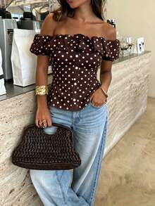 Lucivie Atasan Wanita Motif Polkadot Kontras Warna Ruffle Satu Bahu Terbuka Bahu dengan Kancing Palsu yang Mengencangkan Pinggang, Warna Putih Romantis Prancis Musim Semi/Panas, Cocok untuk Kencan dan Pakaian Sehari-hari - MultiWarna - View 1