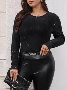 SHEIN Clasi Autumn/Winter Black Long Sleeve Thermal Lined Plus Size Women's T-Shirt Rave Night Wedding Sexy - Black - View 5