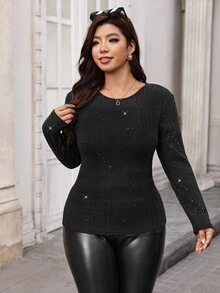SHEIN Clasi Autumn/Winter Black Long Sleeve Thermal Lined Plus Size Women's T-Shirt Rave Night Wedding Sexy - Black - View 6
