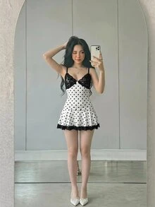 Sweetina Polka Dot Lace Patchwork Spaghetti Strap Mini Dress - Black and White - View 5