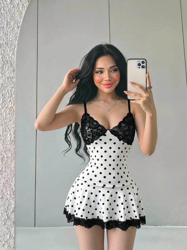 Sweetina 波點蕾絲拼接細肩帶迷你洋裝