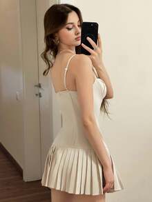 Sweetina Women's Going Out Elegant Solid Color Pleated Camisole Mini Dress, Summer - Apricot - View 3
