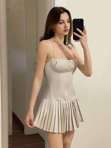 Sweetina Women's Going Out Elegant Solid Color Pleated Camisole Mini Dress, Summer - Apricot - View 6