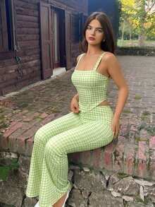 Sweetina 两件套外出黄色格子印花吊带背心和低腰裤套装 - 綠色 - 查看 4