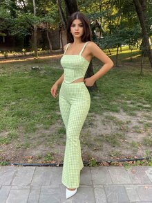 Sweetina 两件套外出黄色格子印花吊带背心和低腰裤套装 - 綠色 - 查看 5