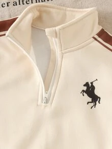 2件組男嬰運動衫套裝 米色棕色馬匹印花條紋長袖寬鬆半拉鍊立領抓絨 秋季上學可愛款 - 彩色 - 查看 5