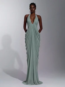 Elitara Elegant Minimalist Fashionable Elastic Mesh Halter Strap Full Body Pleated Long Women's Formal Evening Gown - Green - View 1