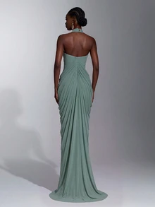 Elitara Elegant Minimalist Fashionable Elastic Mesh Halter Strap Full Body Pleated Long Women's Formal Evening Gown - Green - View 2