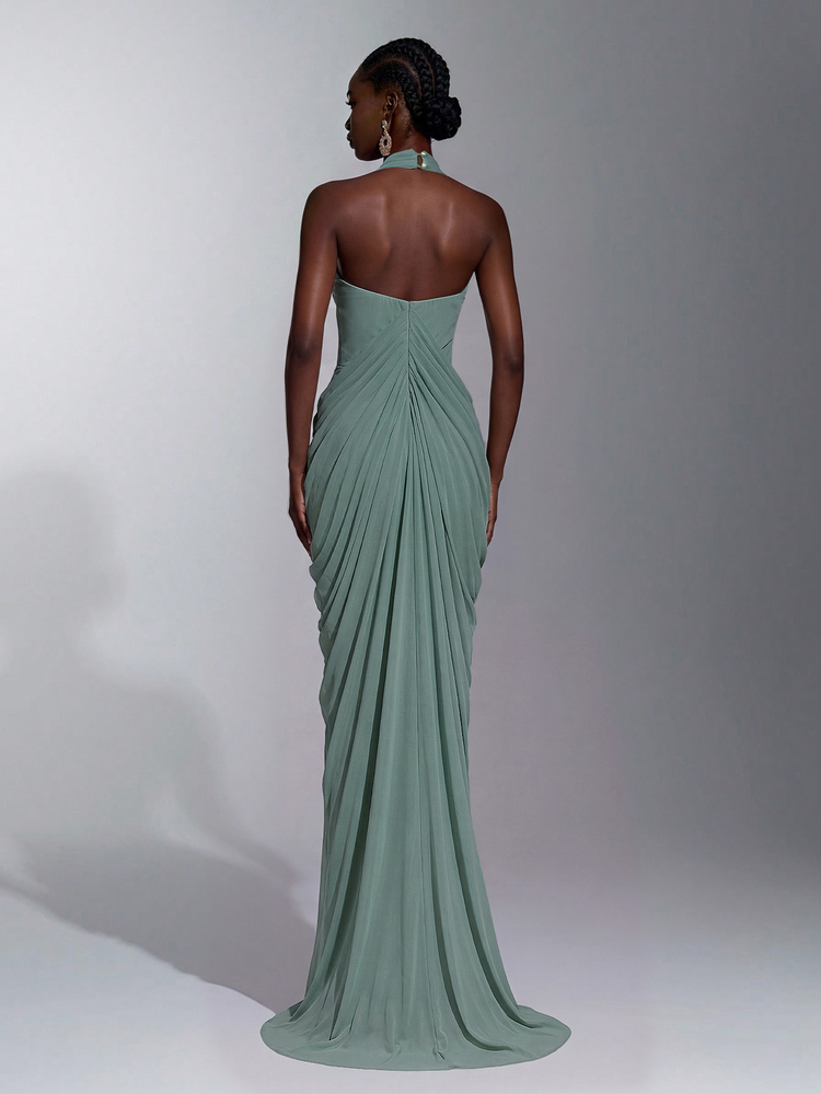 Elitara Elegant Formal Minimalist Fashionable Elastic Mesh Halter Strap Pleated Long Women's Wedding Ninang Rehearsal Dinner Evening Gown Sage Green - Green - View 2