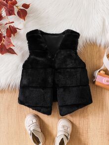 SHEIN Elladie kids Young Girls Cute Faux Fur Vest, Soft Fuzzy Sleeveless Jacket With Layered Design, Thicken Solid Plush Outerwear For Autumn Winter School Clothes - Black - View 8