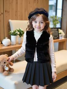 SHEIN Elladie kids Young Girls Cute Faux Fur Vest, Soft Fuzzy Sleeveless Jacket With Layered Design, Thicken Solid Plush Outerwear For Autumn Winter School Clothes - Black - View 3