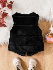 SHEIN Elladie kids Young Girls Cute Faux Fur Vest, Soft Fuzzy Sleeveless Jacket With Layered Design, Thicken Solid Plush Outerwear For Autumn Winter School Clothes - Black - View 2