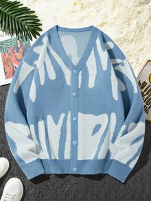 Manfinity Hypemode Men's Contrast Color Long Sleeve Single-Breasted Casual Knit Cardigan - Blue and White - View 9