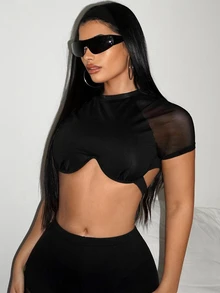 SHEIN ICON 女款黑色拼接網紗短袖鋼圈超短上衣 - 黑色 - 查看 5