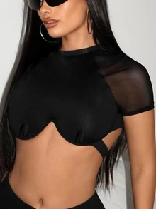 SHEIN ICON 女款黑色拼接網紗短袖鋼圈超短上衣 - 黑色 - 查看 3