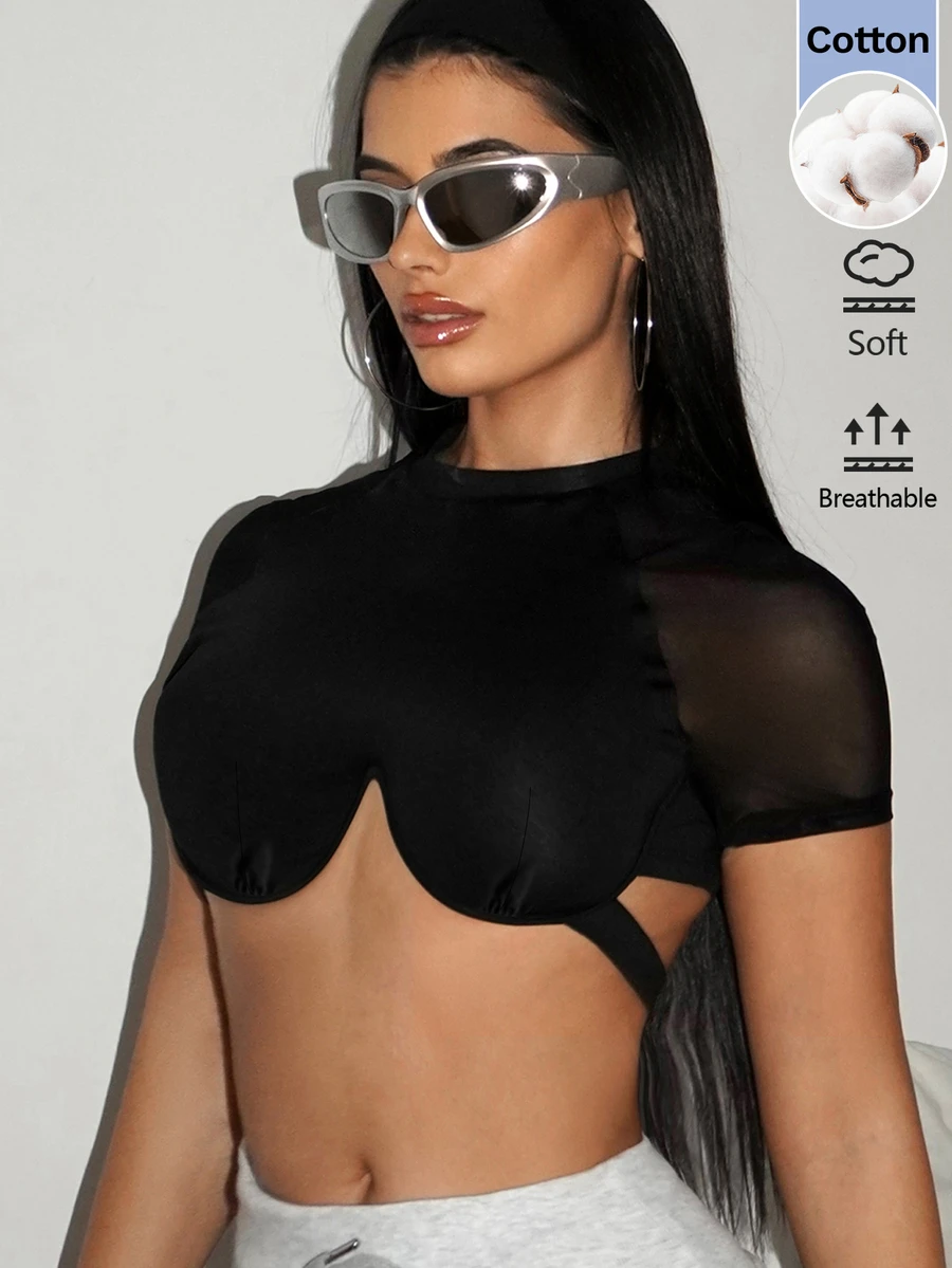 SHEIN ICON 女款黑色拼接網紗短袖鋼圈超短上衣 - 黑色 - 查看 1