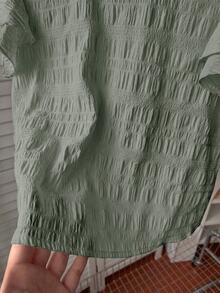 青少年女孩薄荷綠紋理編織圓領抓皺荷葉邊飾飛袖修身休閒上衣，度假風，法式優雅，適合春季出遊、返校 - 薄荷綠 - 查看 6