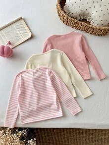 SHEIN Baby Girl Toddler Girls 3pcs PiecesSoft Ribbed Long Sleeve Shirts, Casual Basic Crew Neck Tops Pink Tops - Multicolor - View 2