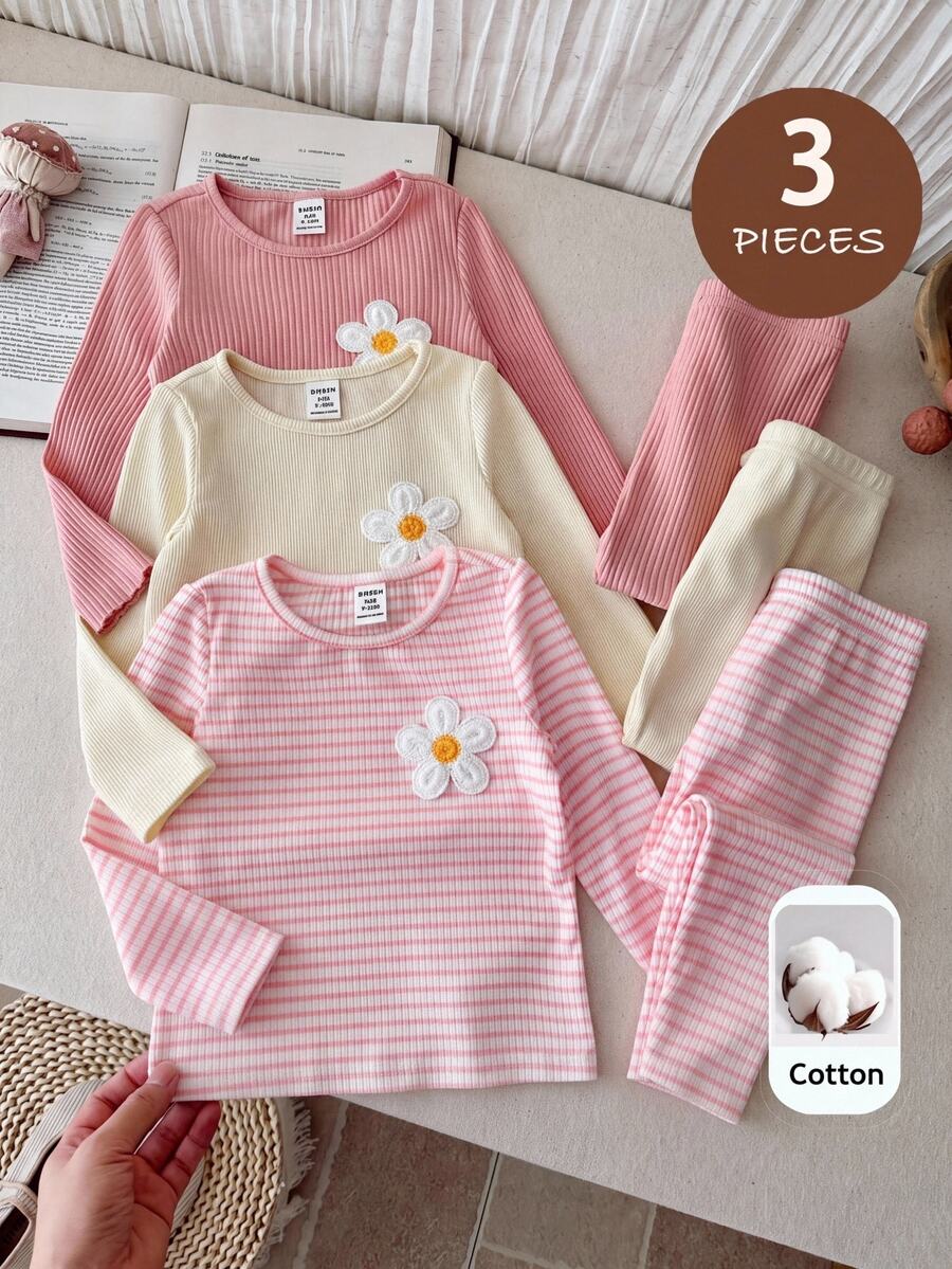 SHEIN Baby Girl Toddler Girls 3pcs PiecesSoft Ribbed Long Sleeve Shirts, Casual Basic Crew Neck Tops Pink Tops - Multicolor - View 1