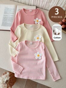SHEIN Baby Girl Toddler Girls 3pcs PiecesSoft Ribbed Long Sleeve Shirts, Casual Basic Crew Neck Tops Pink Tops - Multicolor - View 3