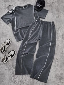 Teen Boys T-Shirt & Wide Leg Pants 2-Piece Set, Vintage Distressed Short Sleeve Top, 3D White Contrast Stitch Line Design, Woven Fabric, Casual Daily Commute Outdoor Versatile Teen Boy Outfit - Grey - View 3