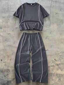 Teen Boys T-Shirt & Wide Leg Pants 2-Piece Set, Vintage Distressed Short Sleeve Top, 3D White Contrast Stitch Line Design, Woven Fabric, Casual Daily Commute Outdoor Versatile Teen Boy Outfit - Grey - View 4