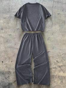 Teen Boys T-Shirt & Wide Leg Pants 2-Piece Set, Vintage Distressed Short Sleeve Top, 3D White Contrast Stitch Line Design, Woven Fabric, Casual Daily Commute Outdoor Versatile Teen Boy Outfit - Grey - View 2