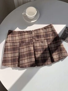 Comfortcana Summer Wide Waistband Fold Pleated Detail Skirt - Coffee Brown - View 2