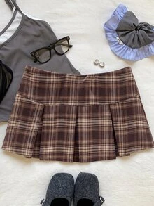 Comfortcana Summer Wide Waistband Fold Pleated Detail Skirt - Coffee Brown - View 5