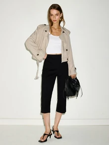 MOTF PREMIUM Áo khoác trench dáng ngắn thắt đai phong cách urban chic cho nữ, thu đông - Màu Khaki - Xem 6