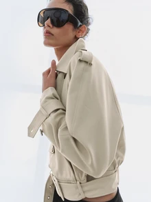 MOTF PREMIUM Áo khoác trench dáng ngắn thắt đai phong cách urban chic cho nữ, thu đông - Màu Khaki - Xem 4
