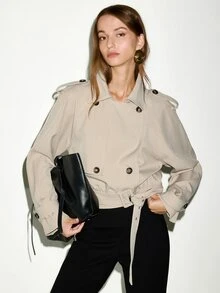 MOTF PREMIUM Áo khoác trench dáng ngắn thắt đai phong cách urban chic cho nữ, thu đông - Màu Khaki - Xem 2
