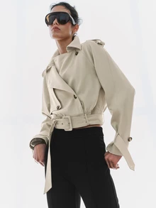 MOTF PREMIUM Áo khoác trench dáng ngắn thắt đai phong cách urban chic cho nữ, thu đông - Màu Khaki - Xem 7