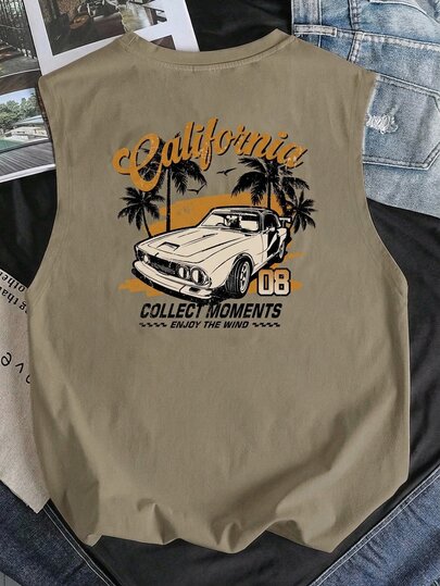 Young Boy's Casual Minimalist Letter Print Sleeveless Tank Top, Suitable For Summer; Classic Stylish Vintage Coconut Tree & Car Graphic Print, Suitable For Vacation, Street Fashion, Beach, Spring/Summer Outing