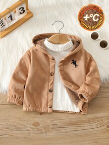 SHEIN 嬰兒男嬰女嬰秋冬休閒可愛百搭麂皮保暖內裡卡其色連帽夾克外套 中性嬰兒衣物 嬰兒冬季夾克 - 彩色 - 查看 3