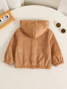 SHEIN 嬰兒男嬰女嬰秋冬休閒可愛百搭麂皮保暖內裡卡其色連帽夾克外套 中性嬰兒衣物 嬰兒冬季夾克 - 彩色 - 查看 2