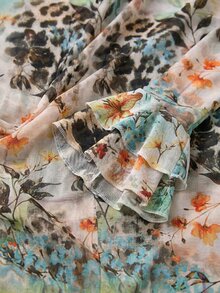 SHEIN BAE 女士度假雪纺印花深V领荷叶边长袖连衣裙 - 綠色 - 查看 5