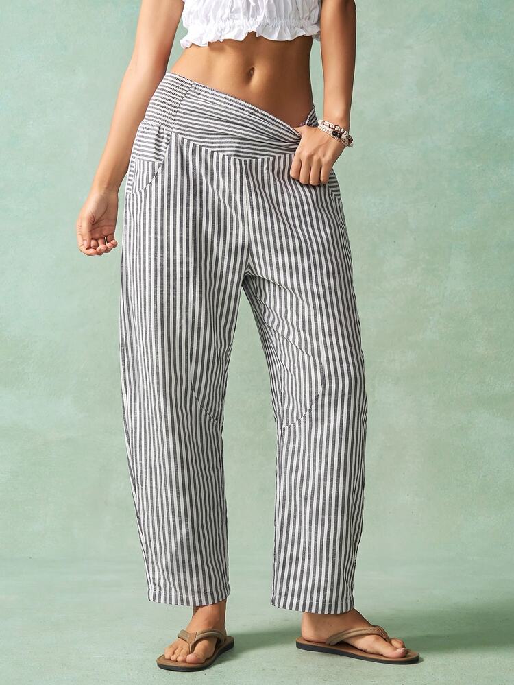 Bohemela Autumn Vacations, Women's Casual Sexy Boho Vintage Woven Black And White Striped Print Long Pants, Daily Wear Beach, Country Concert - Black and White - View 5