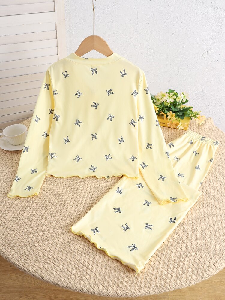SHEIN Tween Girls Kids Bow Knot Minimalist Versatile Small Bow Pattern V-Neck Half-Open Front Ruffle Long Sleeve Pants Soft Comfortable Home Sleepwear Set 2pcs Autumn/Winter/All Season - Yellow - View 3