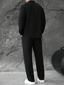 SLATEMANN 秋季男士寬鬆純色仿亞麻紋理半鈕扣V領休閒度假長袖襯衫與長褲套裝 - 黑色 - 查看 2