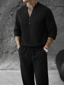 SLATEMANN 秋季男士寬鬆純色仿亞麻紋理半鈕扣V領休閒度假長袖襯衫與長褲套裝 - 黑色 - 查看 7