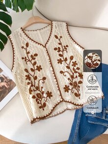 CosyJoli Plus Size Women Summer Embroidered Knit Cardigan Fall - Apricot - View 3