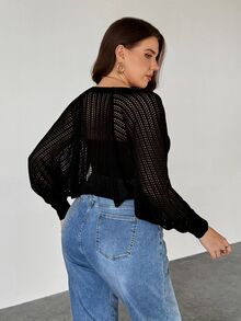 SHEIN Privé 大尺碼女款休閒時尚可愛軟挺修身商務純色長袖黑色針織開襟衫，適合秋季 Y2K 度假郵輪晚裝夜穿 - 黑色 - 查看 2