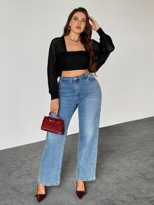 SHEIN Privé 大尺碼女款休閒時尚可愛軟挺修身商務純色長袖黑色針織開襟衫，適合秋季 Y2K 度假郵輪晚裝夜穿 - 黑色 - 查看 7