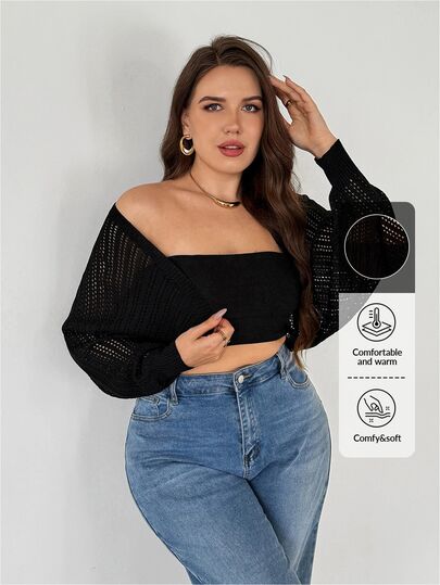 SHEIN Privé Plus Size Women Casual Soft Form Capsule Business Casual Solid Color Long Sleeve Black Cardigan Women Autumn Y2k Cardigan, Vacation Cruise
